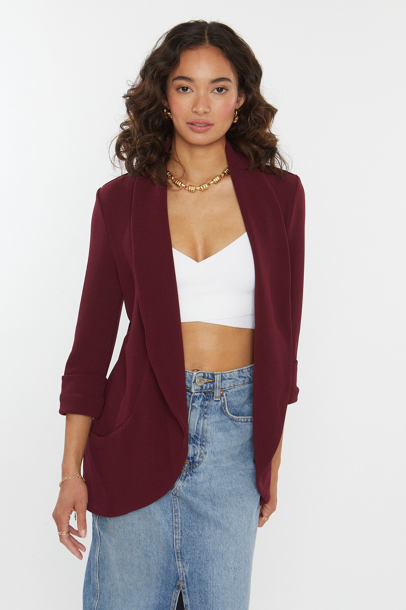 Classic Melanie Shawl Simple Staple Burgundy Color Workwear Office Wear Women’s Outerwear Blazer Jacket Everyday Shawl Front Pockets Best Seller Customer Favorite Casual Style Everyday Jacket