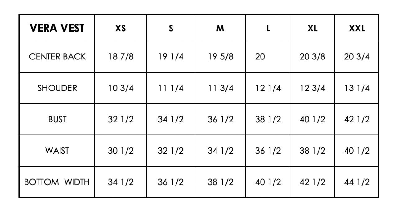 Vest Size Guide VERA VEST SIZE CHART – FRENCHMAUVE