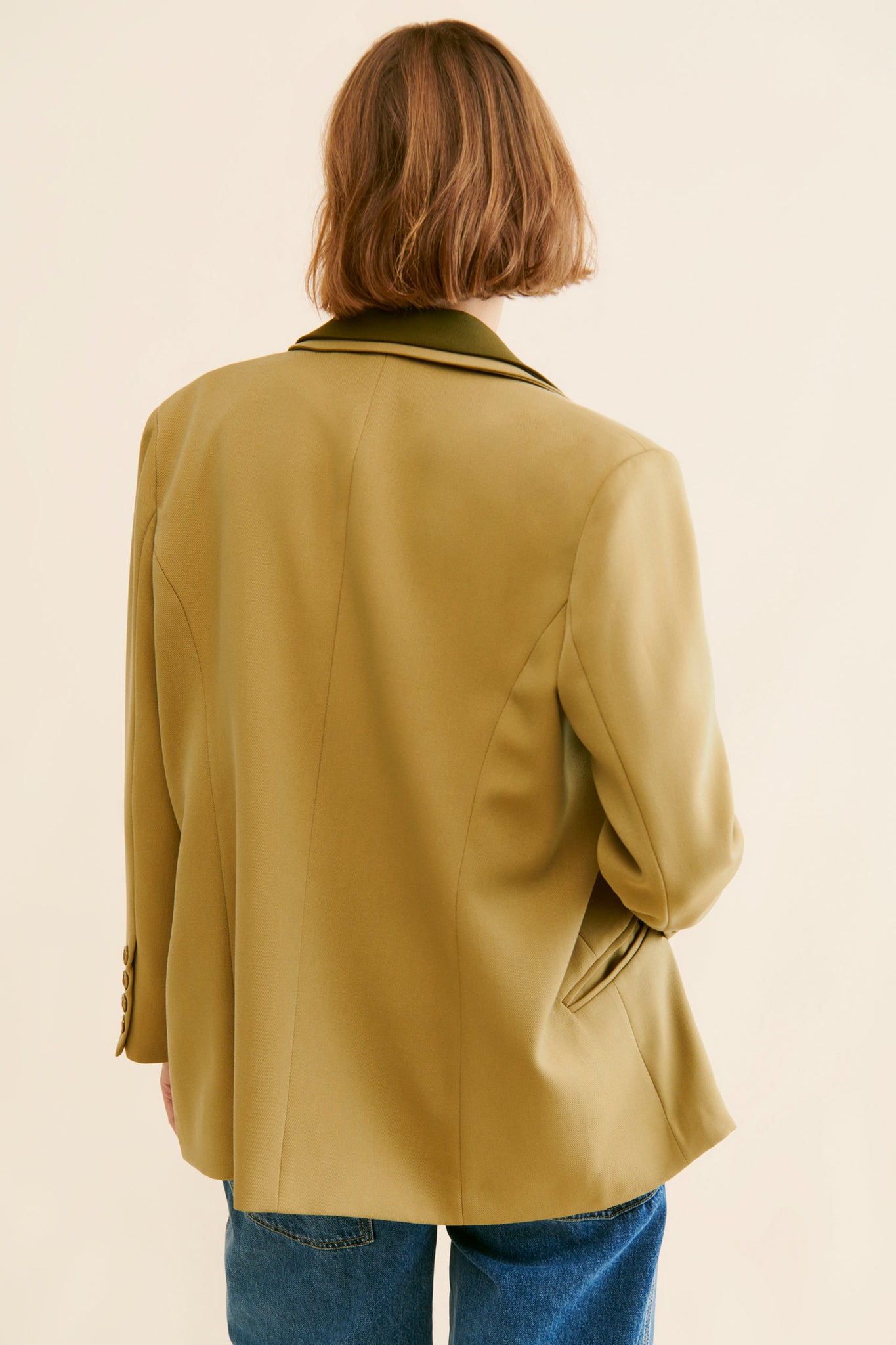 ISAAC LAYERED BLAZER, TAN COLOR, OLIVE COLOR, FULLY LINED, FRONT FLAP POCKETS, OVERSIZED BLAZER, DOUBLE COLLARS