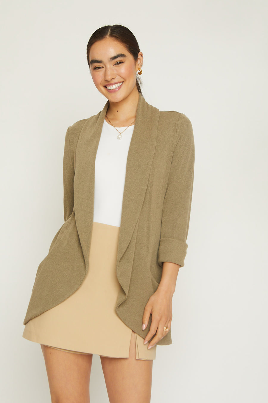 No Srcipt image - Images of 1 of 8 Classic knit jacket with shawl collar rib knit medium weight fabric side pockets heather khaki green color
