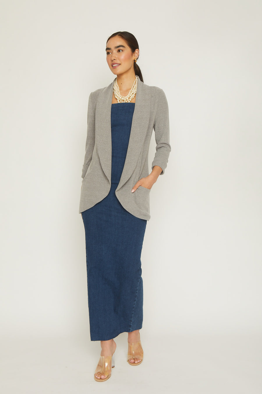 No Srcipt image - Images of 5 of 8 Classic knit jacket with shawl collar rib knit medium weight fabric side pockets heather grey color
