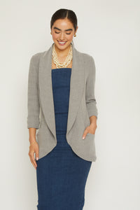 Classic knit jacket with shawl collar rib knit medium weight fabric side pockets heather grey color