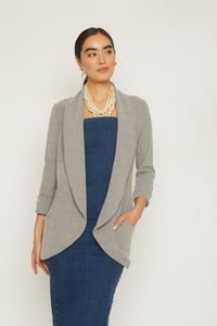 Classic knit jacket with shawl collar rib knit medium weight fabric side pockets heather grey color