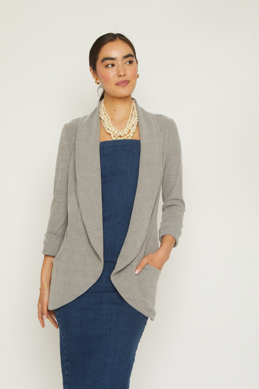 No Srcipt image - Images of 3 of 8 Classic knit jacket with shawl collar rib knit medium weight fabric side pockets heather grey color