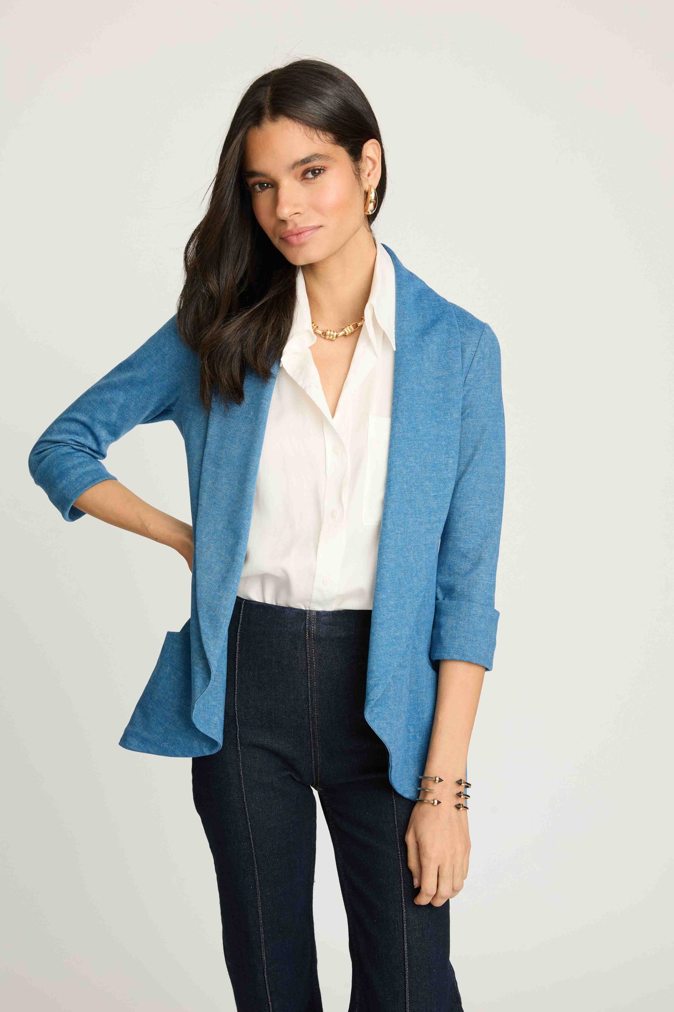 Melanie Knit Jacket in Denim Finish - Light Denim blue