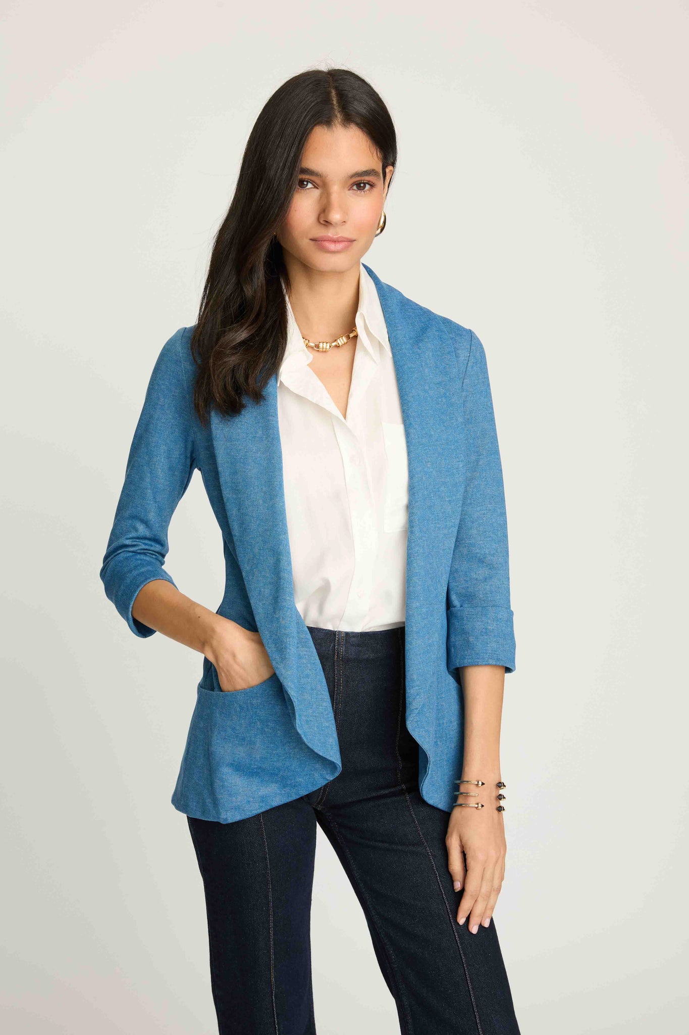 Melanie Knit Jacket in Denim Finish - Light Denim blue