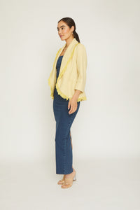 Shawl tweed jacket, fringe details, 3/4 sleeve. yellow color, open front