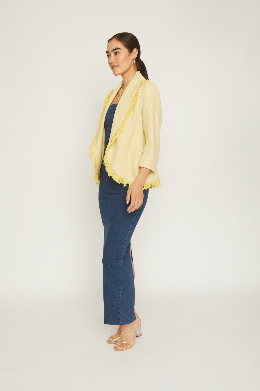 No Srcipt image - Images of 2 of 7 Shawl tweed jacket, fringe details, 3/4 sleeve. yellow color, open front