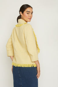 Shawl tweed jacket, fringe details, 3/4 sleeve. yellow color, open front
