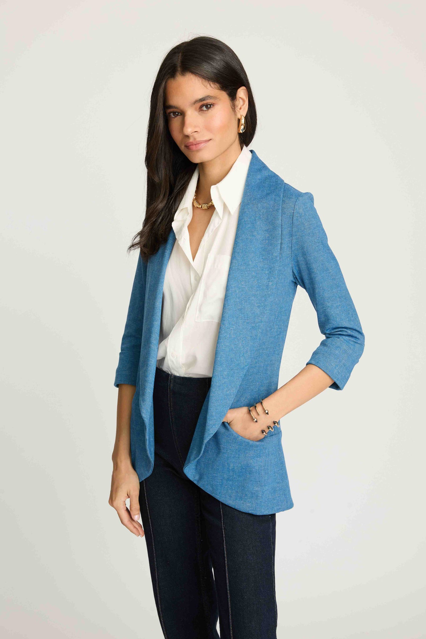 Melanie Knit Jacket in Denim Finish - Light Denim blue
