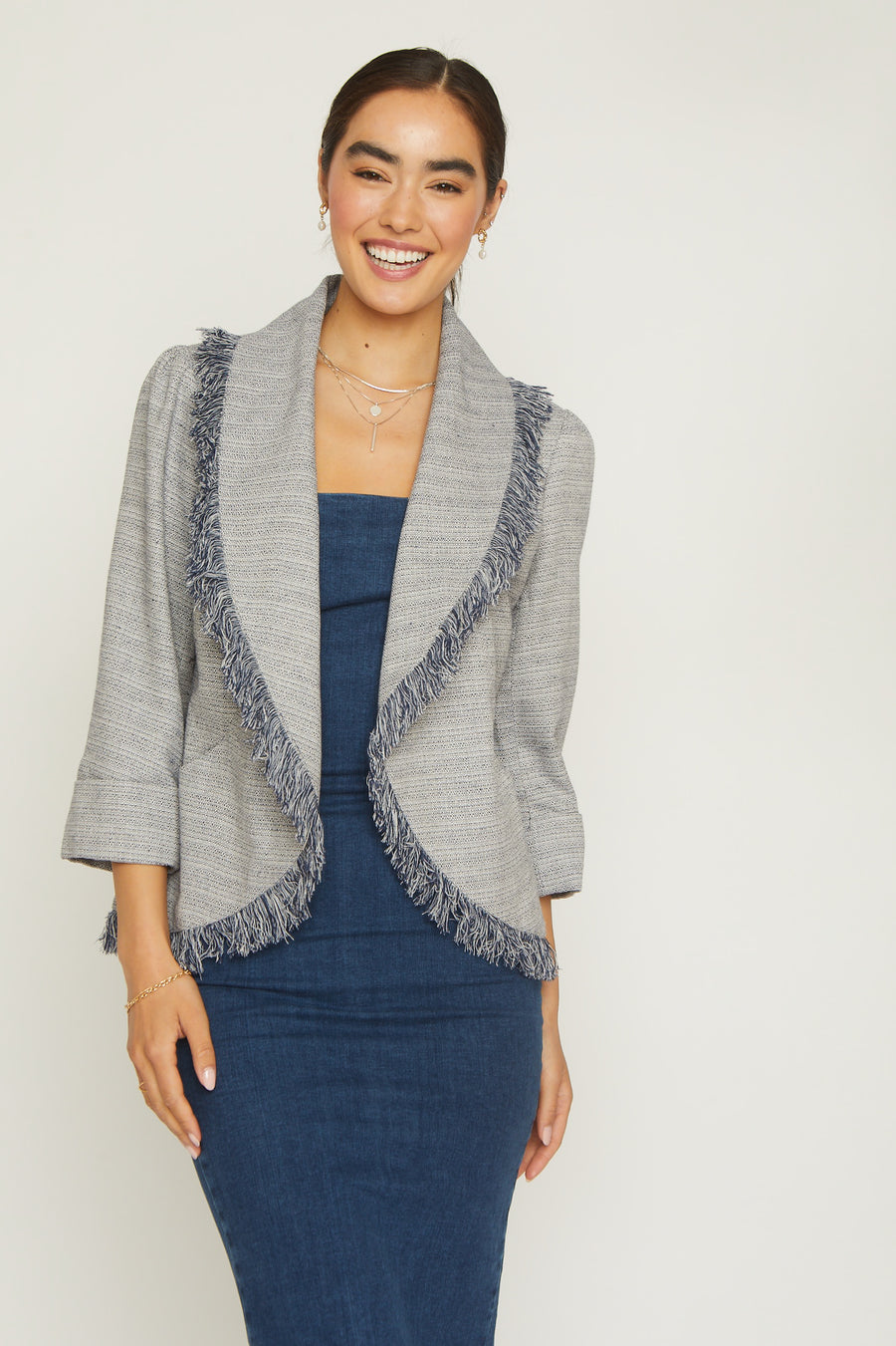 No Srcipt image - Images of 1 of 5 Shawl tweed jacket, fringe details, 3/4 sleeve. navy color, open front
