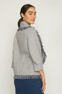 Shawl tweed jacket, fringe details, 3/4 sleeve. navy color, open front