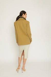 ISAAC LAYERED BLAZER, TAN COLOR, OLIVE COLOR, FULLY LINED, FRONT FLAP POCKETS, OVERSIZED BLAZER, DOUBLE COLLARS