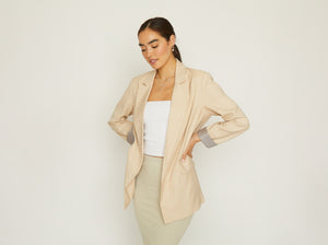 Natural Beige Color Way Staple Jacket Women's Workwear Office Wear Women's Fashion Sophisticated Style Chic Simple Classic Women's Outerwear Timeless Everyday Blazer Bailey Contrast Cuff Jacket Neutral Outerwear
