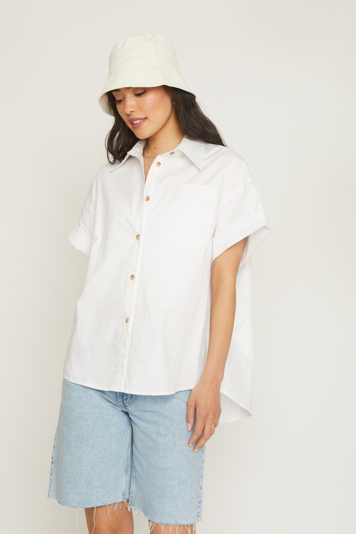 white button down shirt, 100% cotton, short sleeve, boxy, oversized fit, light-weight
