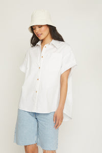white button down shirt, 100% cotton, short sleeve, boxy, oversized fit, light-weight