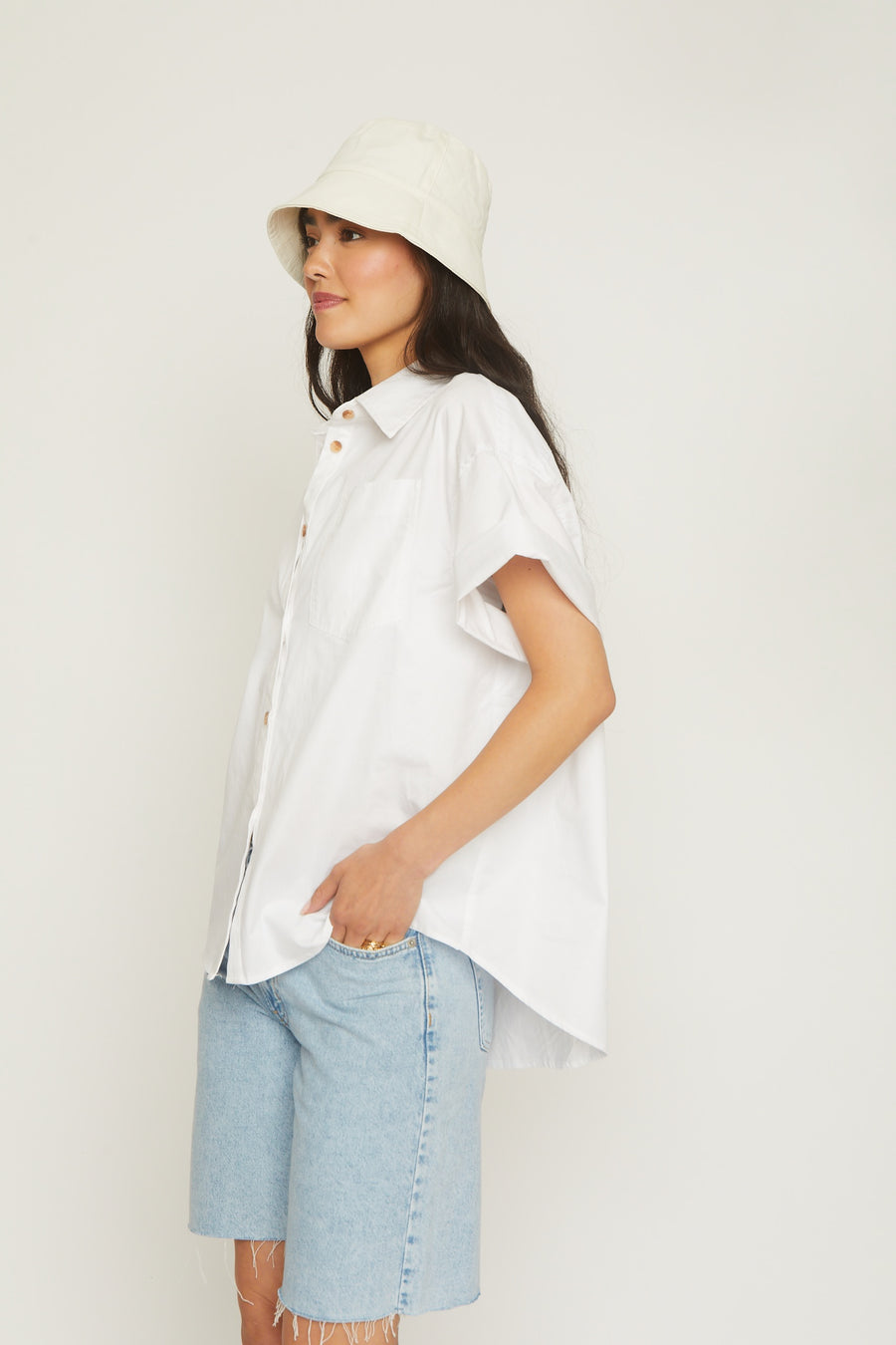 No Srcipt image - Images of 1 of 7 white button down shirt, 100% cotton, short sleeve, boxy, oversized fit, light-weight