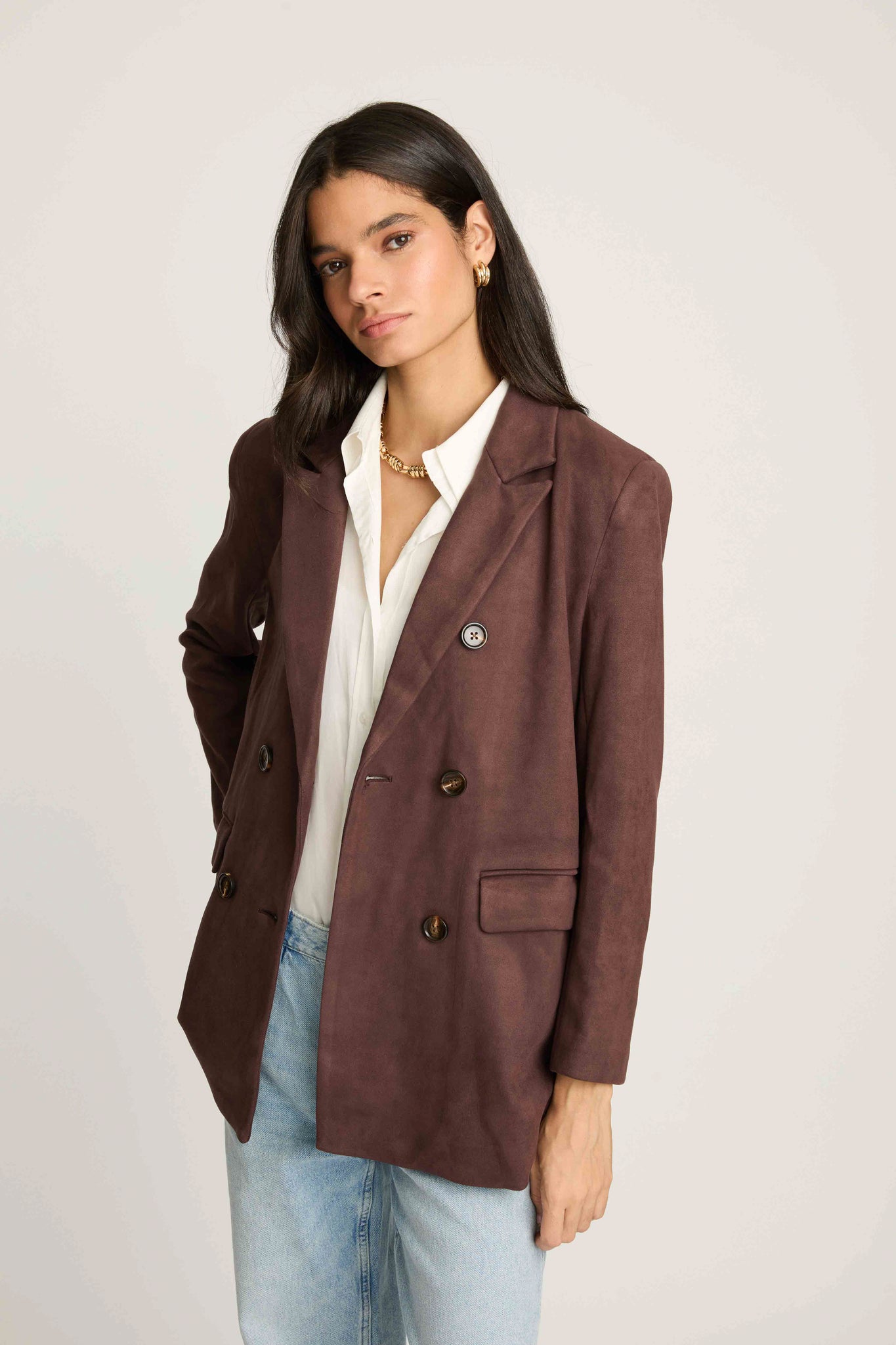 Emory Faux Suede Blazer in Chocolate
