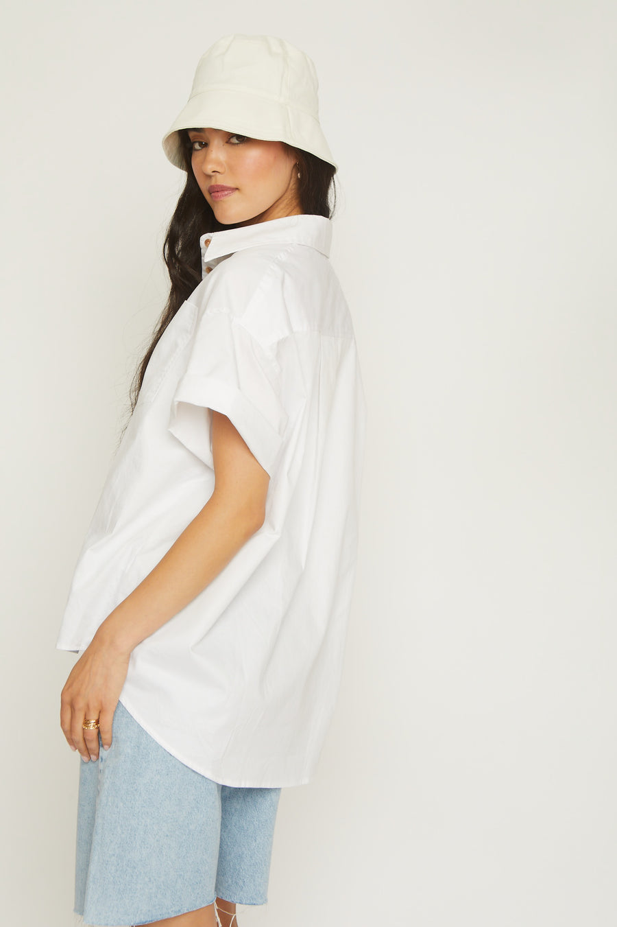 No Srcipt image - Images of 3 of 7 white button down shirt, 100% cotton, short sleeve, boxy, oversized fit, light-weight