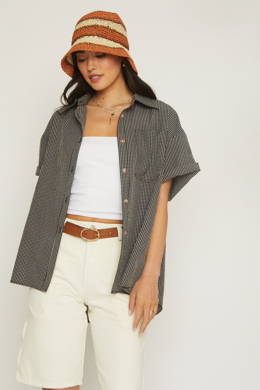 No Srcipt image - Images of 1 of 10 black and white gingham button down shirts, oversized, boxy fit, light-weight fabric, short sleeve shirt