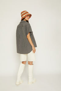 black and white gingham button down shirts, oversized, boxy fit, light-weight fabric, short sleeve shirt
