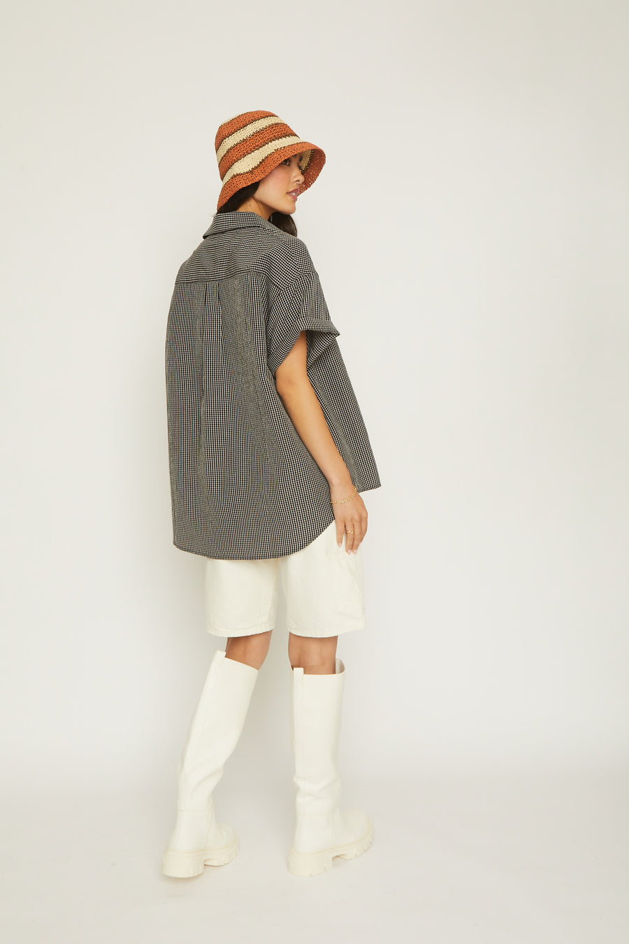 No Srcipt image - Images of 4 of 10 black and white gingham button down shirts, oversized, boxy fit, light-weight fabric, short sleeve shirt