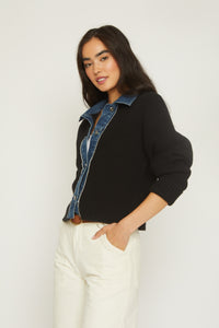 Piper denim trim sweater, cardigan, button closure, wool blend sweater, black sweater, blue denim trim, relaxed fit, cropped size