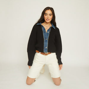 Piper denim trim sweater, cardigan, button closure, wool blend sweater, black sweater, blue denim trim, relaxed fit, cropped size