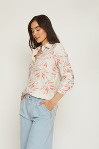 Floral Printed Spring Long Sleeve Button Down White with Red and Blue Floral Design