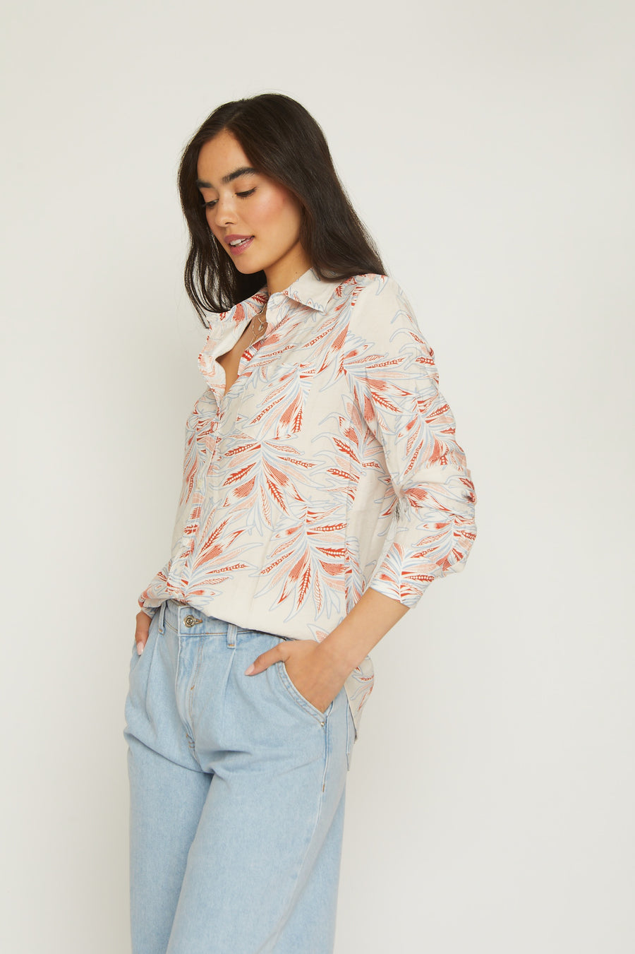 No Srcipt image - Images of 1 of 6 Floral Printed Spring Long Sleeve Button Down White with Red and Blue Floral Design