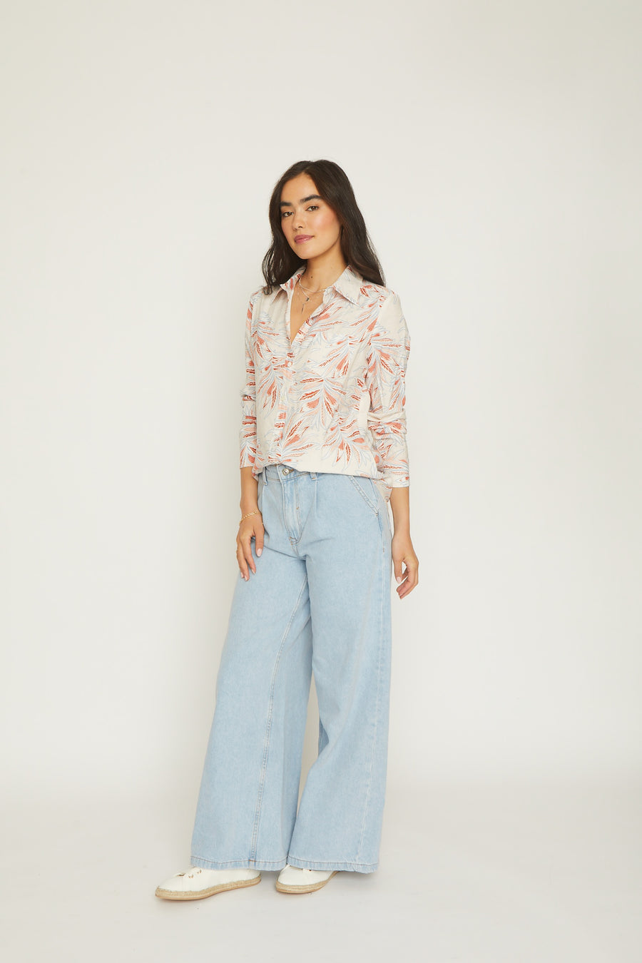 No Srcipt image - Images of 5 of 6 Floral Printed Spring Long Sleeve Button Down White with Red and Blue Floral Design