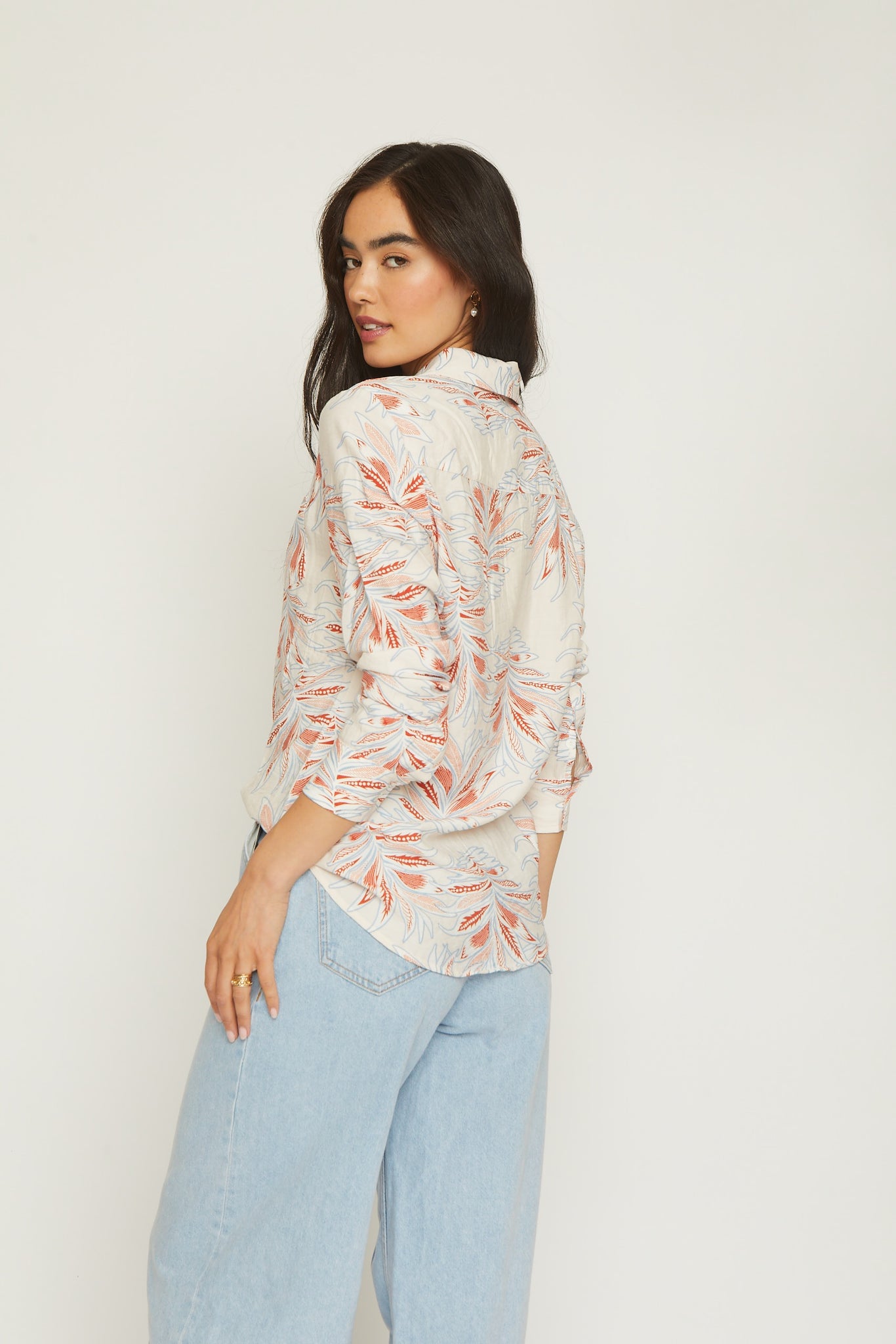 Floral Printed Spring Long Sleeve Button Down White with Red and Blue Floral Design