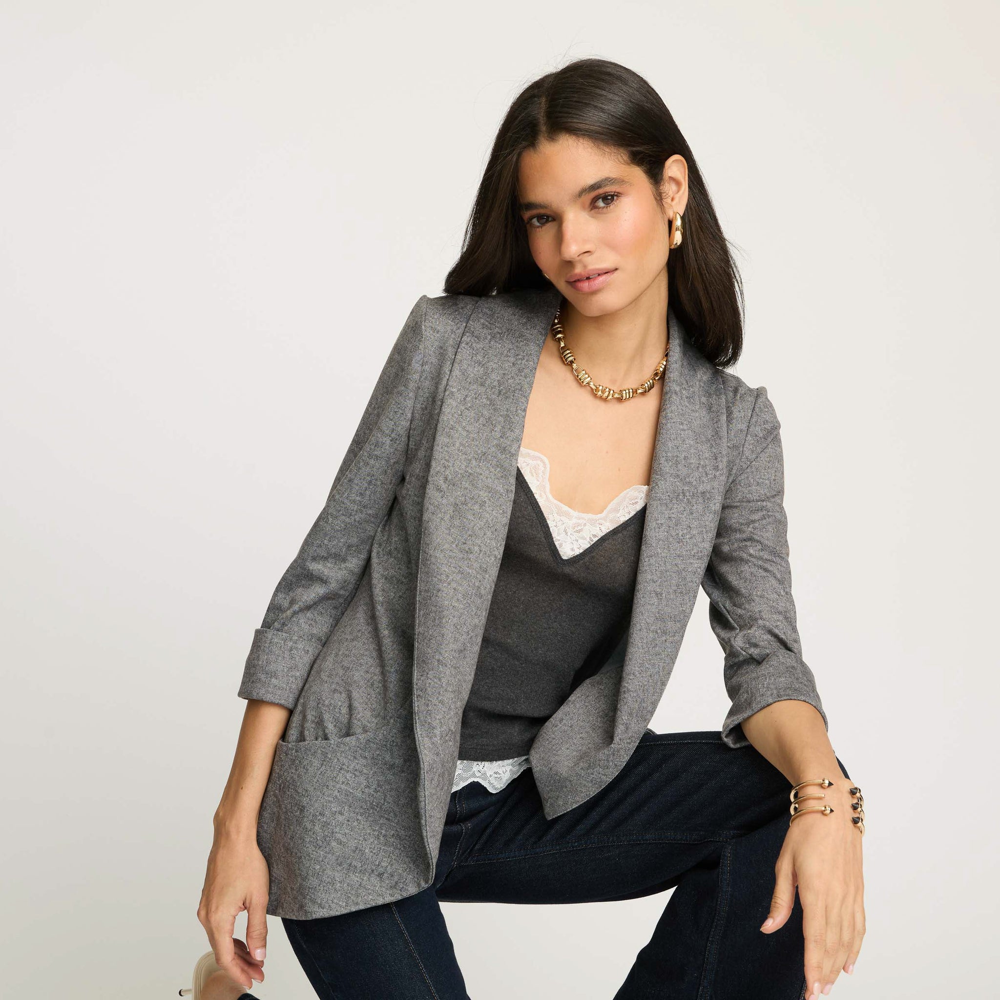 Melanie Knit Jacket in Denim Finish - Light Grey