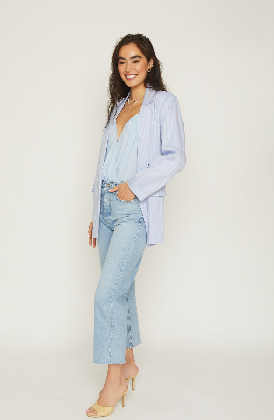 No Srcipt image - Images of 2 of 7 Madison jacket, oversized fit, linen blend , lustrous, sheen fabric, front pocket, open front, cuffed sleeve, light blue color