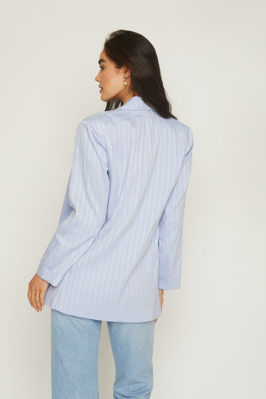 No Srcipt image - Images of 6 of 7 Madison jacket, oversized fit, linen blend , lustrous, sheen fabric, front pocket, open front, cuffed sleeve, light blue color
