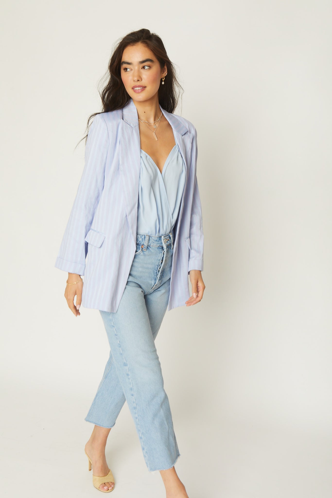 Madison jacket, oversized fit, linen blend , lustrous, sheen fabric, front pocket, open front, cuffed sleeve, light blue color