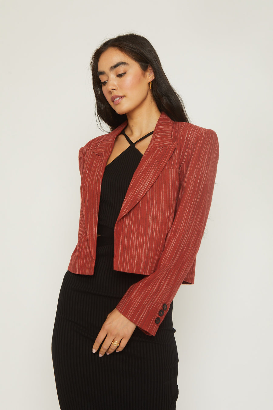 No Srcipt image - Images of 1 of 6 Cropped Dried Rose Red Blazer Jacket Lapel Collar Spring Summer Style Bright Red Sexy Cropped Jacket Womens Style Workwear Office Wear Elevated Outerwear Sophisticated Chic