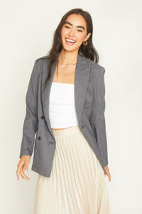 Double Breasted Check Blazer Jacket Navy Color Workwear Office Wear Chic Staple Timeless Style Professional Attire