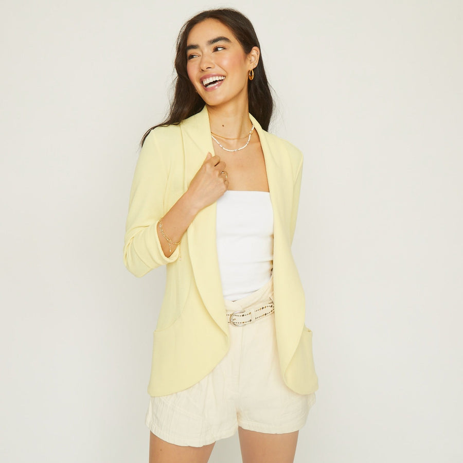 No Srcipt image - Images of 3 of 9 Melanie shawl knit jacket, crepe knit fabric, 3/4 sleeve length, shawl collar, open front, front pockets, stretch fabric, textured knit, lemon color