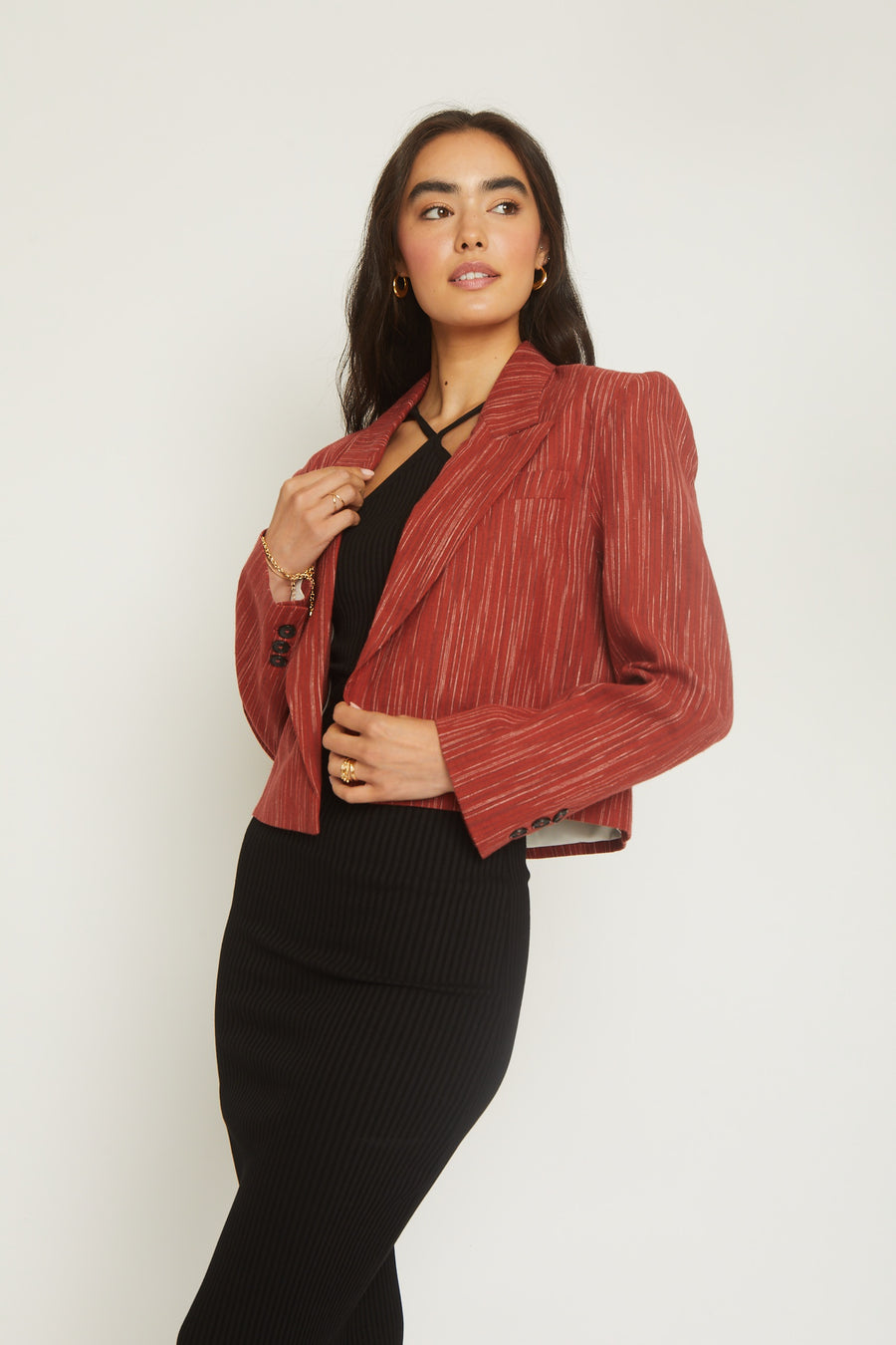 No Srcipt image - Images of 5 of 6 Cropped Dried Rose Red Blazer Jacket Lapel Collar Spring Summer Style Bright Red Sexy Cropped Jacket Womens Style Workwear Office Wear Elevated Outerwear Sophisticated Chic