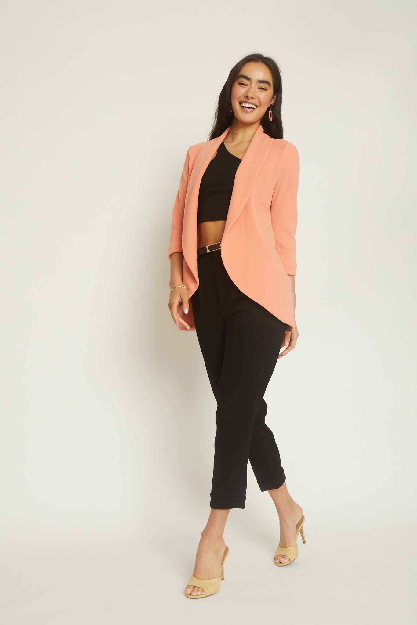 Lightweight Summer Fabric Classic Melanie Shawl Simple Staple Vibrant Coral Pink Orange Color Workwear Blazer Jacket Everyday Shawl Front Pockets Office Wear Best Seller Customer Favorite