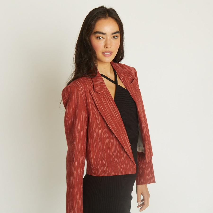 No Srcipt image - Images of 4 of 6 Cropped Dried Rose Red Blazer Jacket Lapel Collar Spring Summer Style Bright Red Sexy Cropped Jacket Womens Style Workwear Office Wear Elevated Outerwear Sophisticated Chic