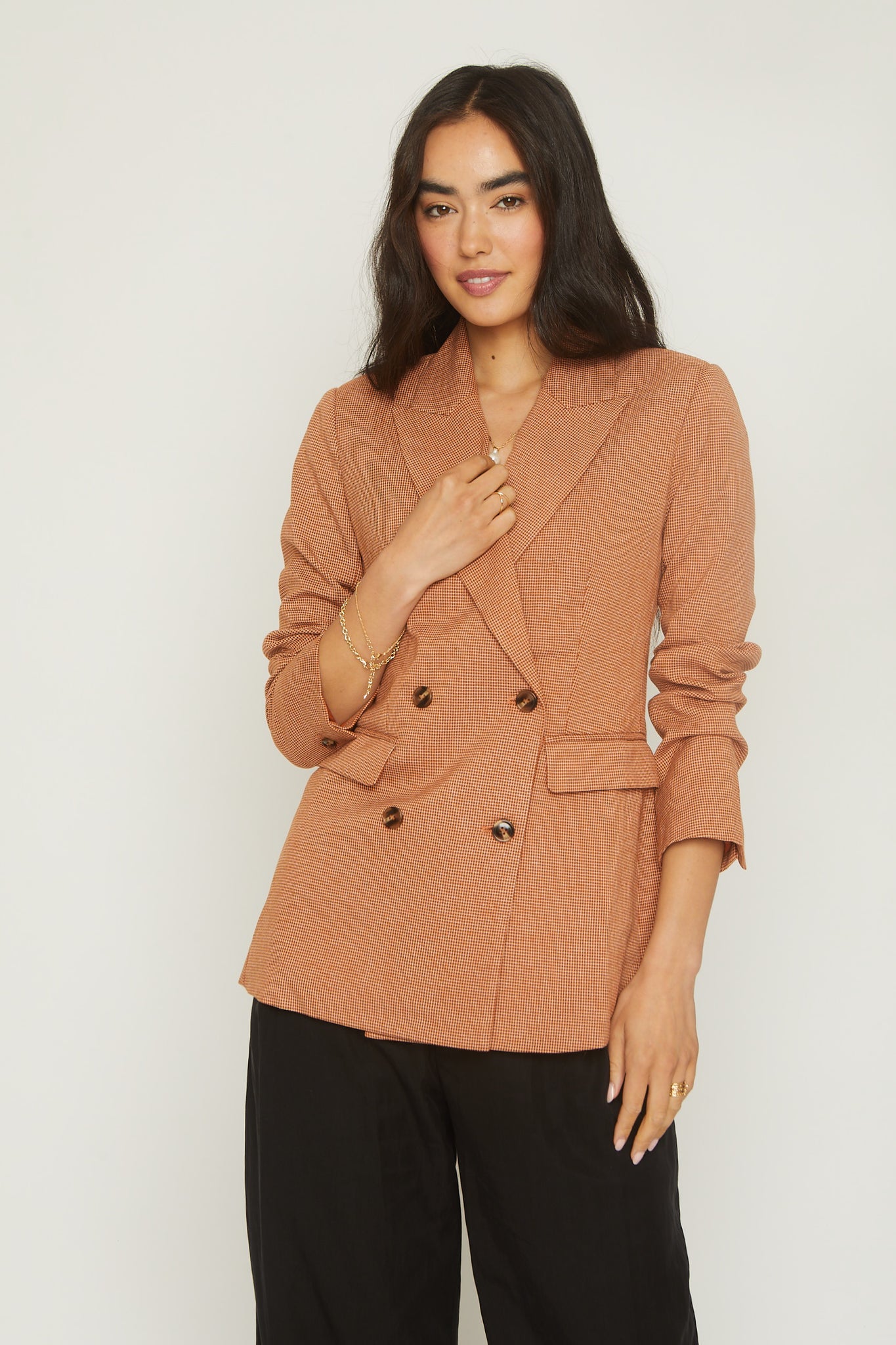 Double Breasted Check Blazer Rust Front Pockets Long Sleeve Jacket Workwear Office Wear Outerwear Classic Chic Timeless