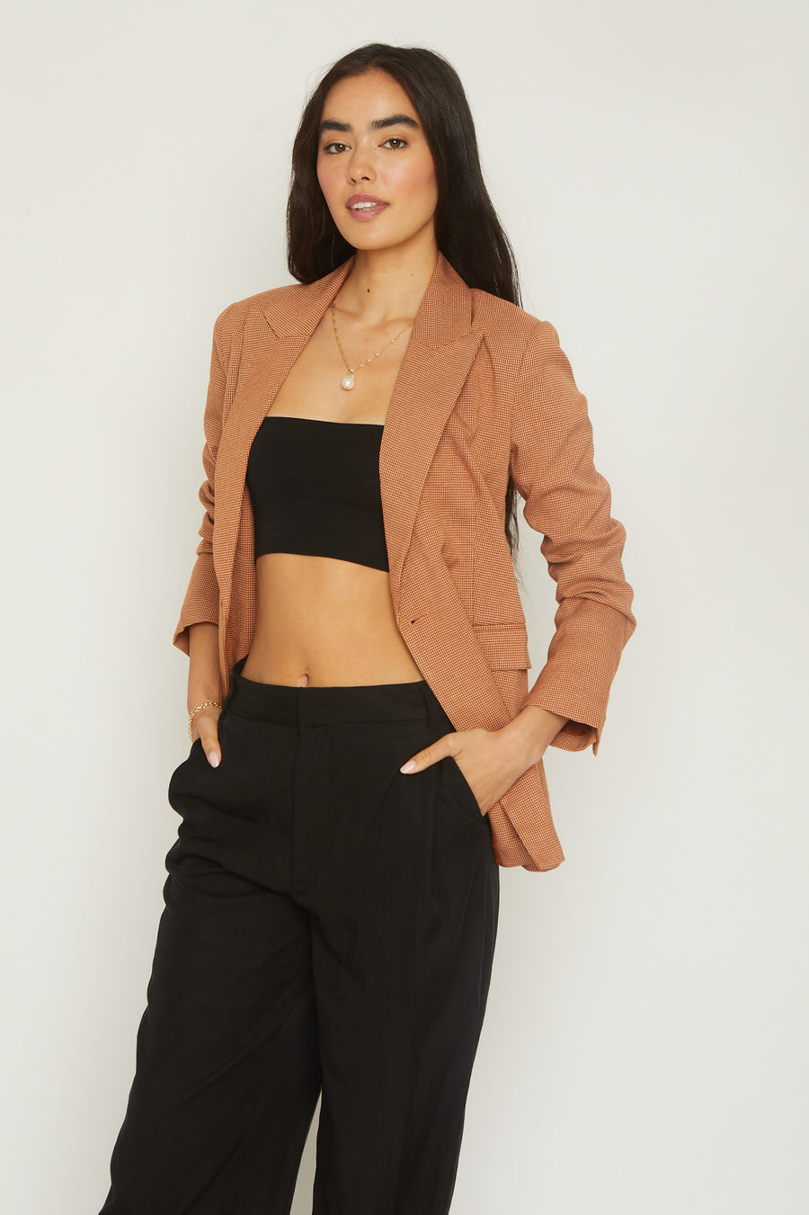 No Srcipt image - Images of 5 of 8 Double Breasted Check Blazer Rust Front Pockets Long Sleeve Jacket Workwear Office Wear Outerwear Classic Chic Timeless