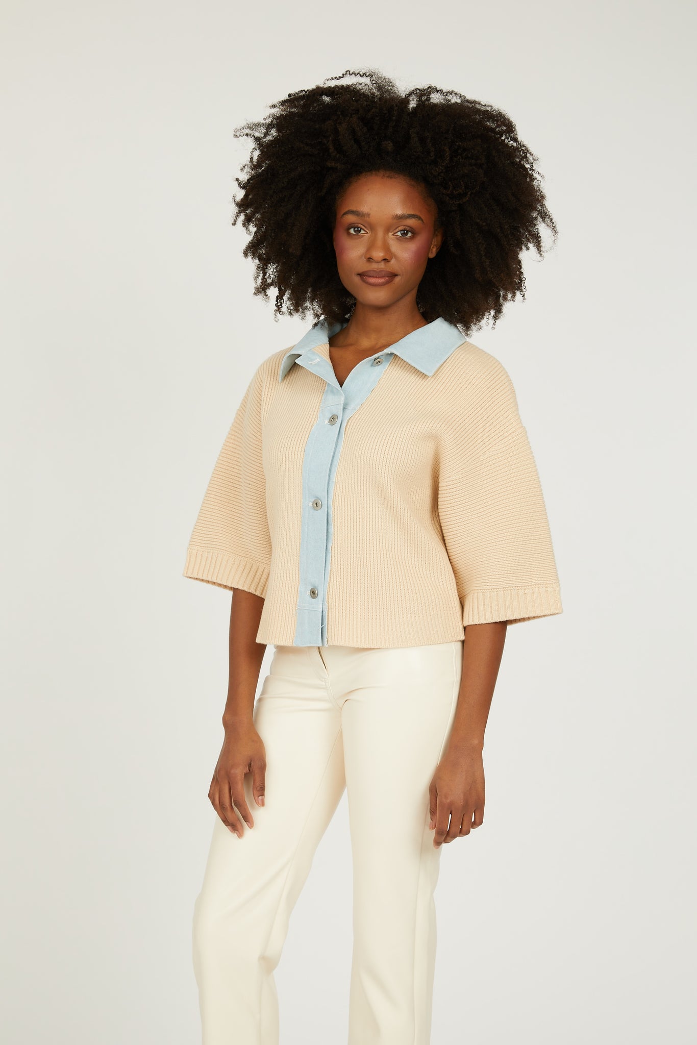 Payton Short Sleeve Denim Mix Sweater - Cream