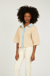 Payton Short Sleeve Denim Mix Sweater - Cream