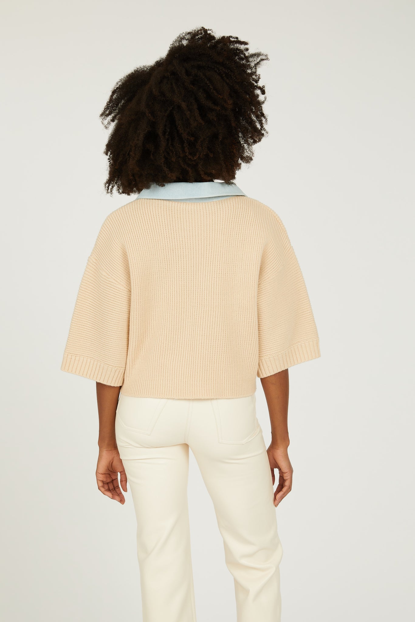 Payton Short Sleeve Denim Mix Sweater - Cream