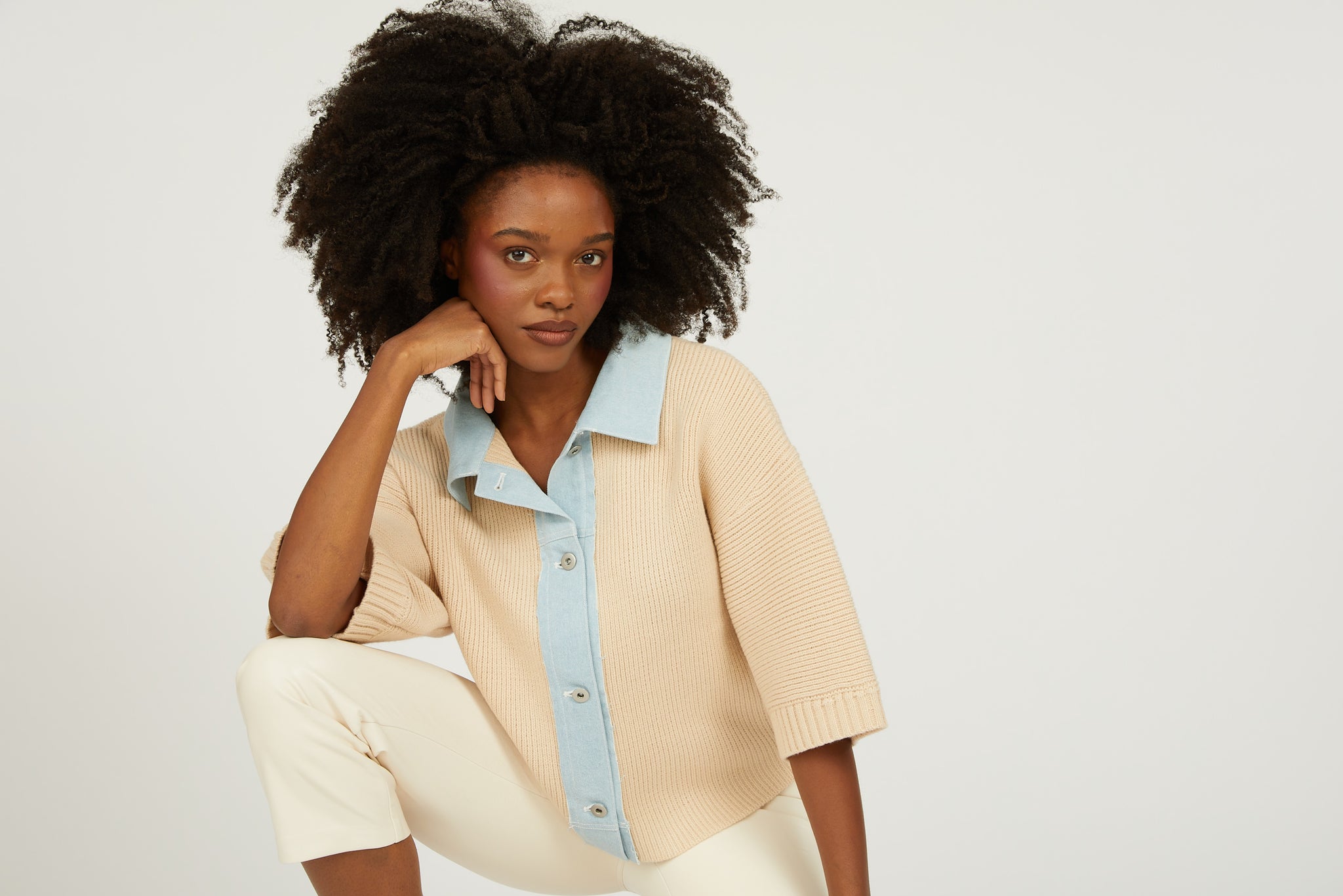 Payton Short Sleeve Denim Mix Sweater - Cream