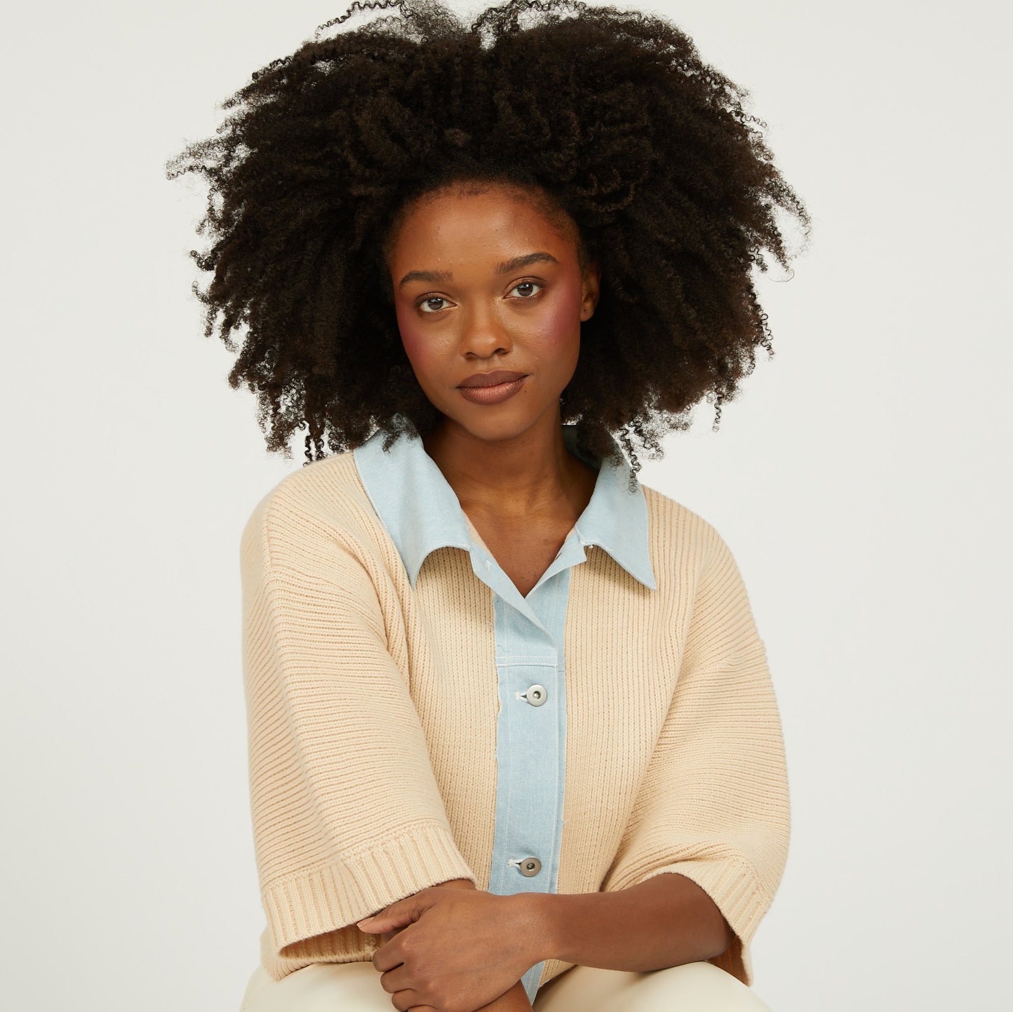 Payton Short Sleeve Denim Mix Sweater - Cream