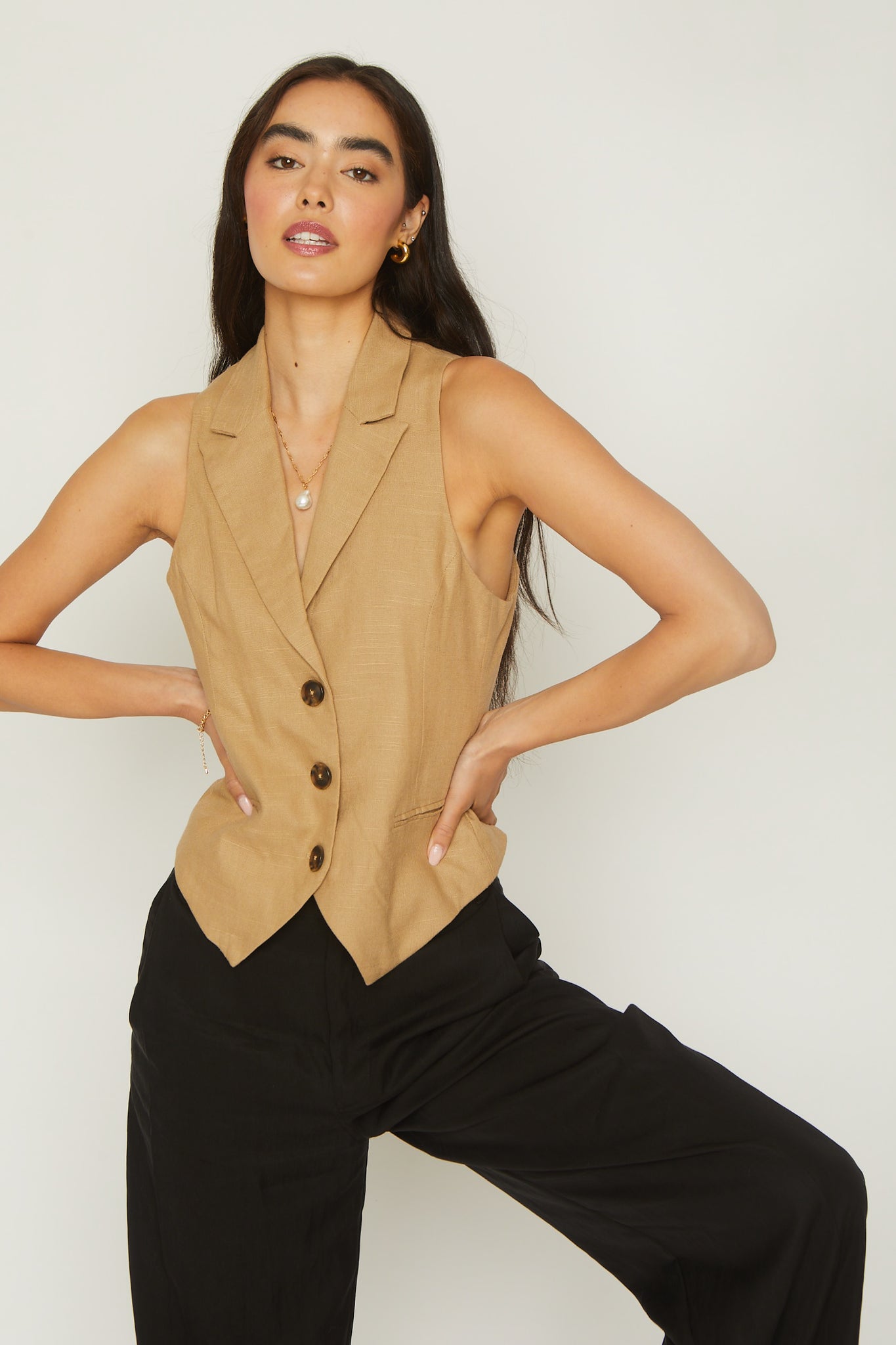 V Neck Linen Vest Lapel Collar Slightly Fitted Silhouette Sleeveless Latte Beige Color-Way Workwear Office Wear Professional Womens Style Fashion Neutral Staple Style